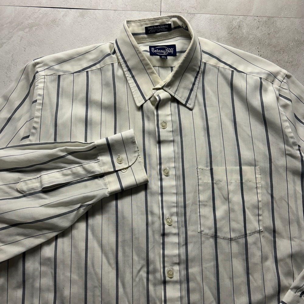 Botany 500 Dress Shirt Cream Navy Stripe Mens 16.5 32/33 Vintage Button Up 1034